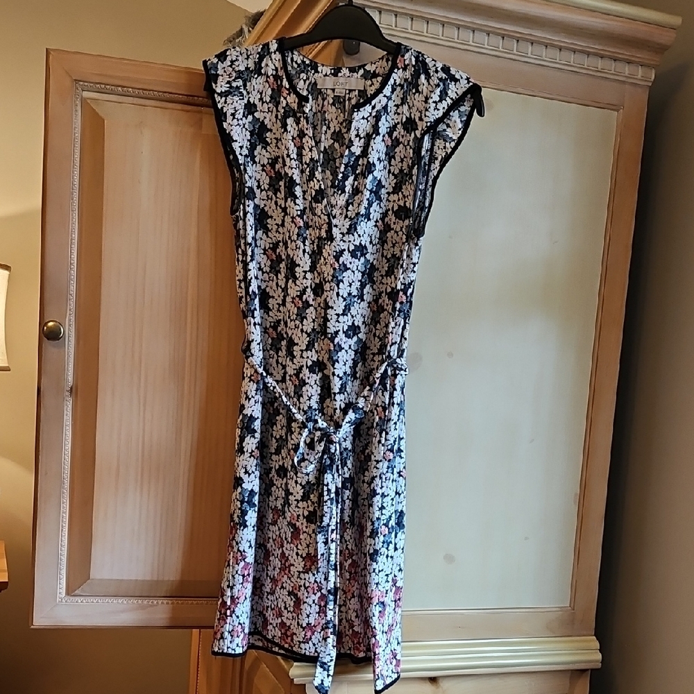 LOFT Floral Print Tie-Waist Midi Dress